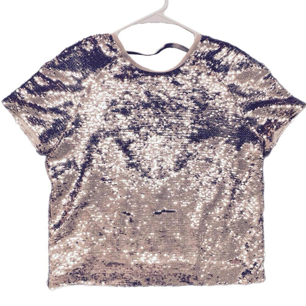 Sweaty Betty Pink Rose Gold Sequin Open Back Short Sleeve Top - M